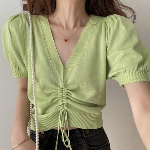 Drawstring Thin Knitted T Shirt Women Casual Clothes 2021 Summer Short Sleeve Tops V-Neck Tee Shirt Female Soft Woman Tshirts