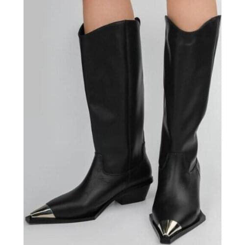 Winter Hot Woman Brand Black White 45 mm Med Heels Iron Metal Pointed Toe Slip On Casual Knee High Long Martin Boots Big Size 43