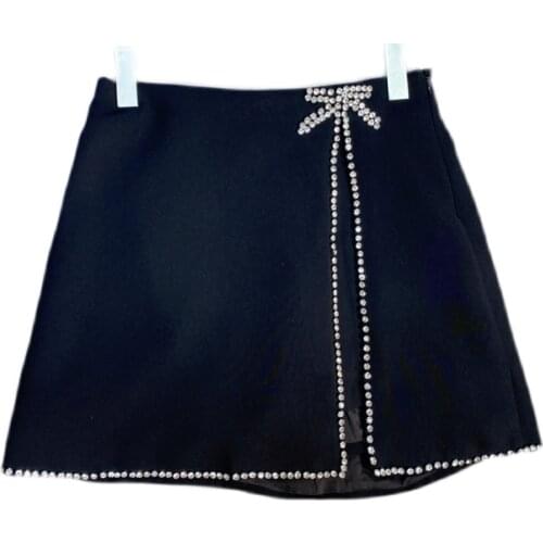 Black Mini Skirts Womens 2021 Summer New French Style Temperament Rhinestone Edge Design High Waist Suit Skirt Lady