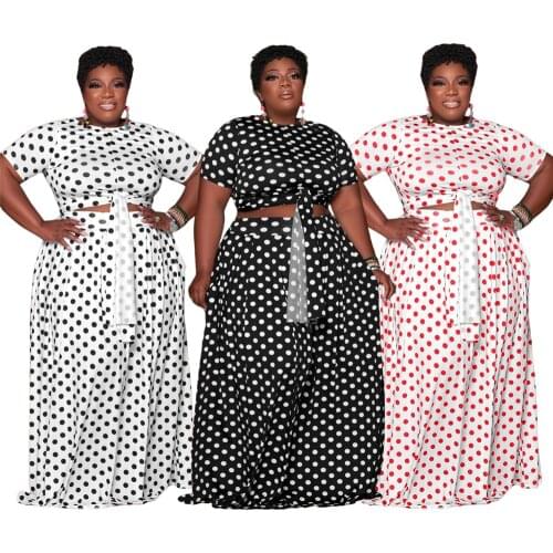 Plus Size Women Clothing Two Piece Set 5xl Fashion Round Collar Round Collar Tops Dots Maxi Skirts Suits Wholesale Dropshipping