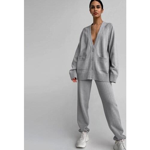 AOSSVIAO Autumn Winter Ladies Loose 2 Pieces Set Sexy V Nexk Pullover Sweater & Lace-up Skinny Pants Casual Women Knitted Sets