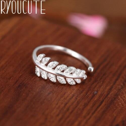Bohemian Real Silver Color Crystal Leaf Rings Gifts for Women Wedding Fashion Adjustable Antique Rings joyas de plata