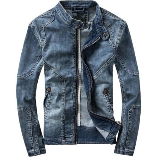 Denim Jackets Men Dark Blue Casual Denim Coat Standing collar Long Sleeve Denim Bomber Jacket Retro Motorcycle Men Jacket Coats