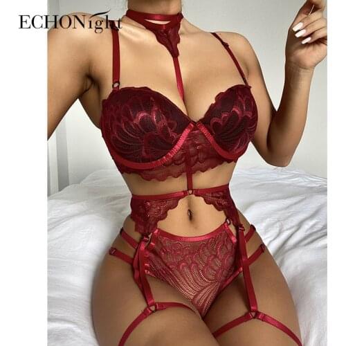 Echonight Lace Underwear 3 Piece Set Sexy Lingerie Padded Push up Bra Panties With Graters Underwire Brief Sets Erotic Lingeries