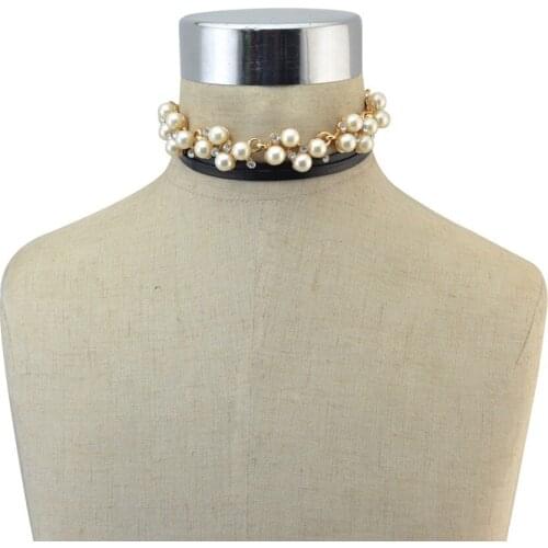 Elegant Imitation Pearl Chokers collier Necklace Black PU Leather Choker Pearl Statement Necklace Women Party Jewelry collares