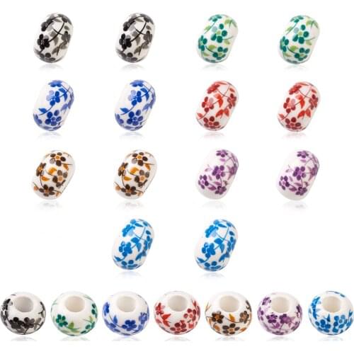 64~80Pcs 14mm European Porcelain Beads Colorful Flower Pattern Large Hole Spacers DIY Bracelet Chain Jewelry Making Accessories