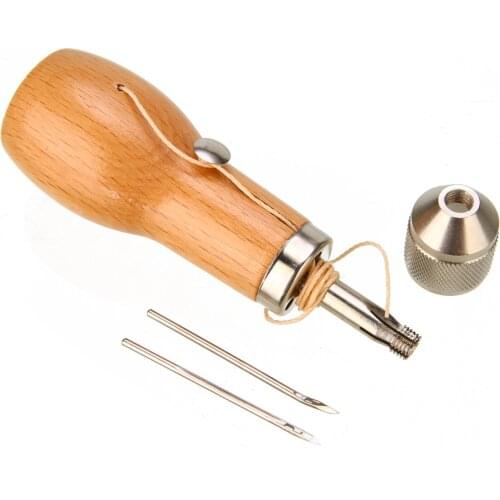 1pcs Leather Craft Tool Stitching Wood Handle Sewing Awl with Waxed Thread and Needles Sewing Accessories