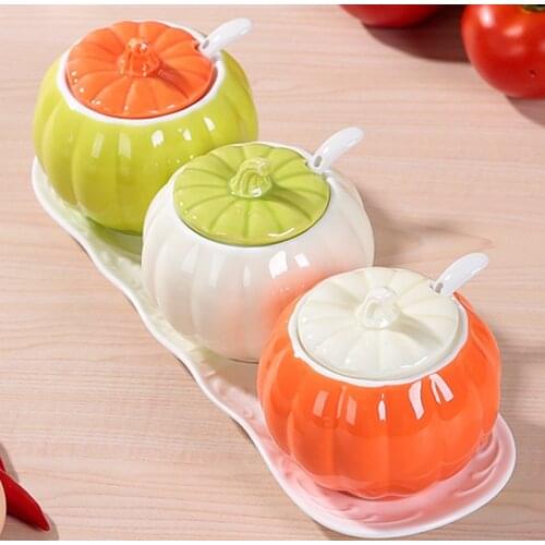 Creative Ceramics Pumpkin Flavouring Caster Set Decorative Porcelain Seasoning Jar Kitchen Cooking Utensil Accessories Ornament