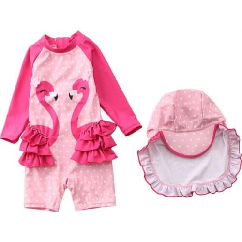 1-5years Girls Swimsuit Two Flamingos Girls' Swimwear One Piece New 2021 Sun Protection With Hat For Childrens Swimwear TB045