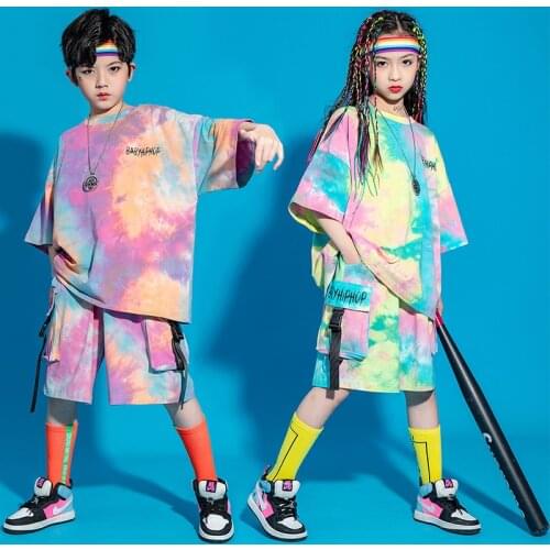 Summer Children Hip Hop Jazz Dance Costumes boys girls Tie Dye Print T-shirt Cargo Shorts Suit Casual Streetwear Rave Outfits