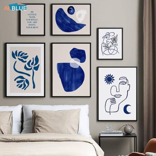 Minimalist Painting Blue Style Abstract Art Figure Face Line Wall Gallery Poster Nordic Home Decor Print Mural Canvas Picture