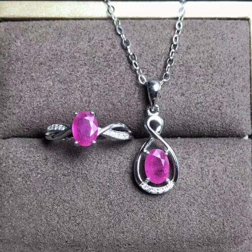 Natural ruby set, simple and practical, ring necklace, womens party wear must-have jewelry, 925 sterling silver