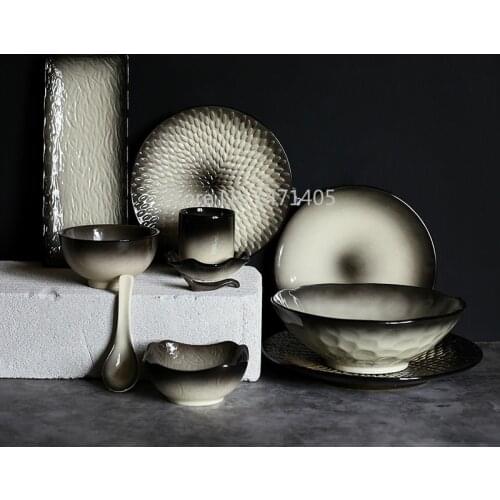 Retro Japanese Ceramic Tableware Set Plates Bowls and Dishes Soup Bowls Rice Bowls Fish Dishes Plates Tea Cups Spoons FlatPlates