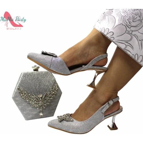Silver Color High Quality New Arrivals African Women Shoes and Bag Set Pointed Toe Pumps with Shinning Crystal for Garden Party