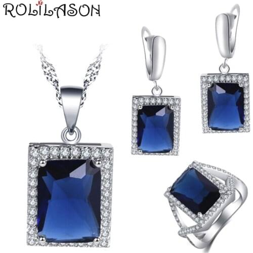 ROLILASON Trendy Square Design Stamped Blue Zircon For girl Earrings Necklace Rings Jewelry Sets JS748