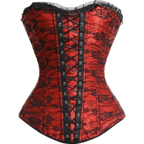 Overbust Corset Sexy Satin Lace Overlay Side Zip Floral Women Bustier Corsets Tops Bodyshaper Lingerie Plus Size Corselet