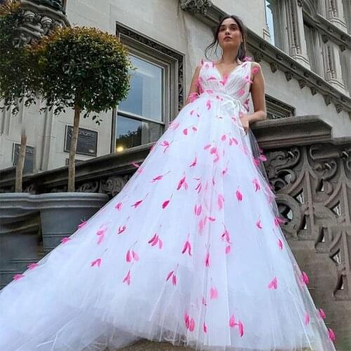 Unique V Neck A Line Wedding Dresses Special Design Tulle Sleeveless Bridal Gowns with Pink Feather Court Train