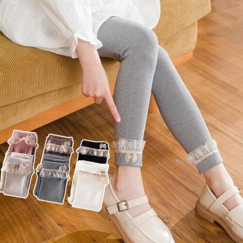 Spring and Autumn Pure Cotton Girls Lace Golden Cute Bow Cropped Pants Childrens Fashion Vertical Leggings Summer Long Pants