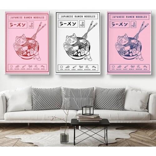 Japanese Ramen Cartoon Cat Animals Canvas Painting Kitchen Wall Art Picture Noodles Food Posters and Prints for Kids Home Decor