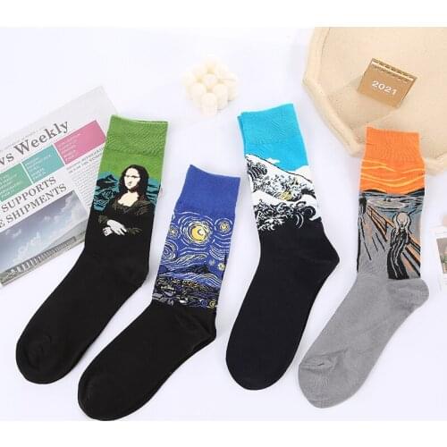 Couples' 4 Pairs Fun Socks Womens Famous Painting Patterned Art Socks Ladies' Anti deformation or fading Combed Cotton Socks