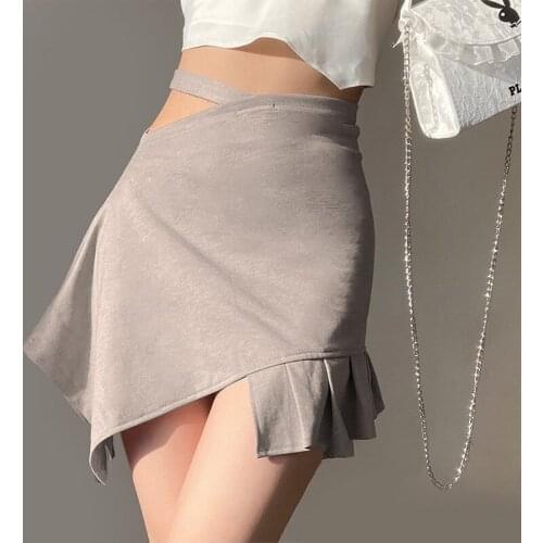 Stylish Women Casual Close-fitting High Waist A-line Skirt, Khaki Solid Color Irregular Pleated Hem Hollow Out Dress S/M/L