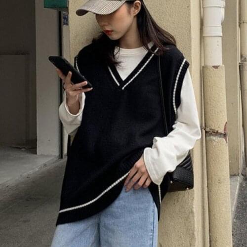 Women Vest 2021 Simple All-Match Patchwork Korean Style V-Neck Knitted Sweater Leisure Student Sleeveless Female Vintage Vest