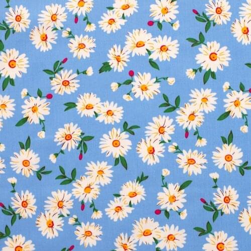 1 yard Cotton Poplin Fabric for sewing pathwork, dress, cloth, bedding - Small fower and leaf (blue) (width=145cm)