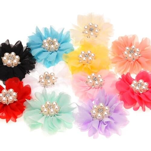 22PCS Chiffon Scalloped Flower Cluster Pearl Rhinestone Hair Flower s Hair Accessories Wedding Flowers