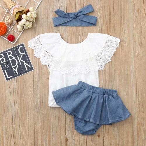 Newborn Baby Girl Clothes Set Outfit Solid White Drop Shoulder Lace Ruffled Top+Demin Shorts Dress+Headband Summer Girl Clothes
