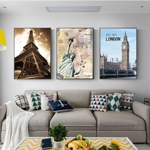 European and American Retro Poster London Big Ben Clock Tower Home Decor Paris Tower Modern Architecture Wall Art Canvas Picture