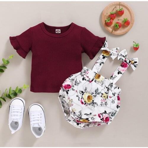 Baby girl clothing summer solid color trumpet sleeve top + printed sling suit girl casual cotton 2-piece suit newborn clothing