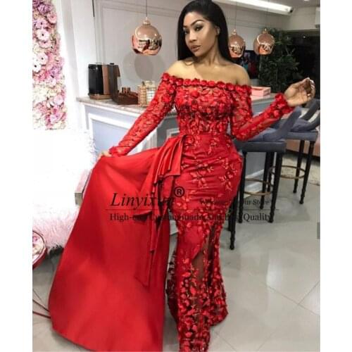 Red Lace Prom Dresses Mermaid Long Sleeve Off The Shoulder Floor Length Formal Evening Dress Black Girl Nigerian Women Cothing