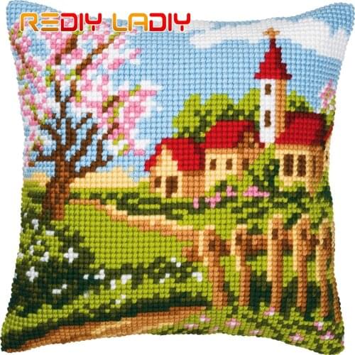 Cross Stitch Cushion Cover Springtime Pillow Case Pre-Printed Canvas Thick Yarn Cross-stitch Kits Needlepoint Arts and Crafts
