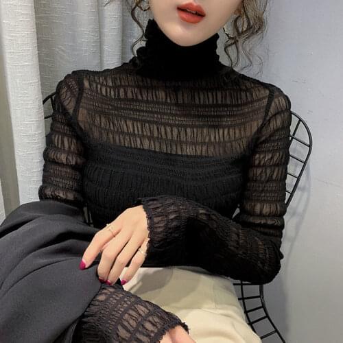 Hot Sell Women Sexy See Through Black Mesh Fishnet Crop Top Ladies Long Sleeve Turtleneck Female Slim T-Shirt blouse 2021