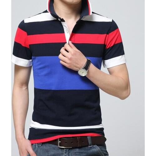 Fashion 2020 Male Short-Sleeve Polo Shirt Turn-Down Collar Wide Stripe England Jersey Cotton Slim Fit Patchwork Polo Homme