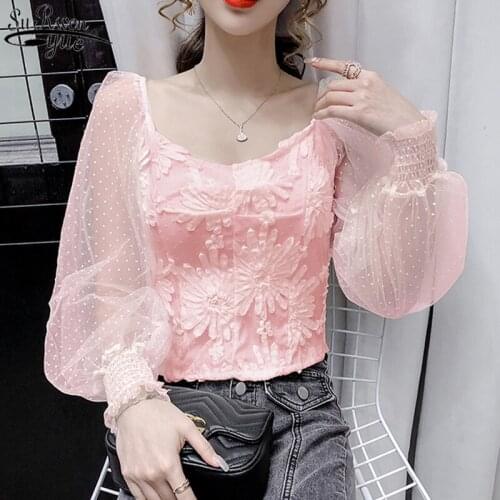 Fashion Slim Slash Neck Cotton Shirts 2021 Early Autumn Sexy Mesh Stitching Polka Dot Lantern Long Sleeve New Chemisier 11420