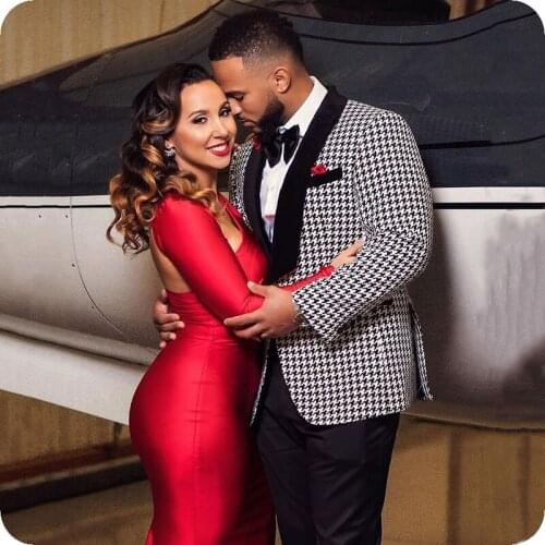 Men Suits Houndstooth and Black Groom Tuxedos Shawl Velvet Lapel Groomsmen Wedding Bridegroom ( Jacket+Pants+Vest+Tie ) D143