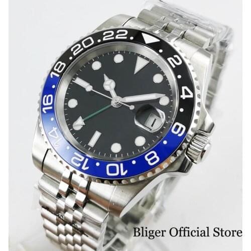 BLIGER 40mm Self Winding Men Wristwatch Sapphire Glass Date GMT Function Jubilee Strap Rotating Bezel Sterile Dial