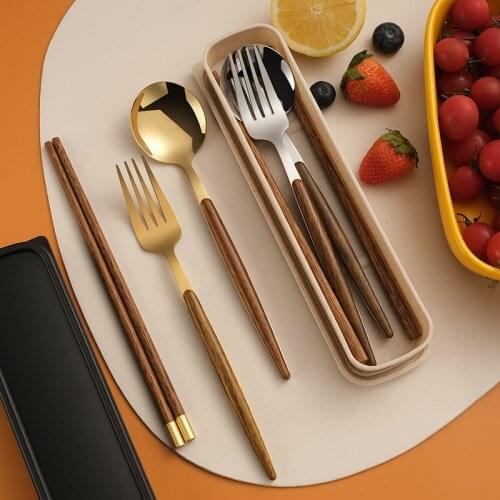 2/3Pcs Stainless Steel Portable Dinnerware Tableware Cutlery Sets Wooden Handle Spoon Fork Chopsticks Home Kitchen Utensils