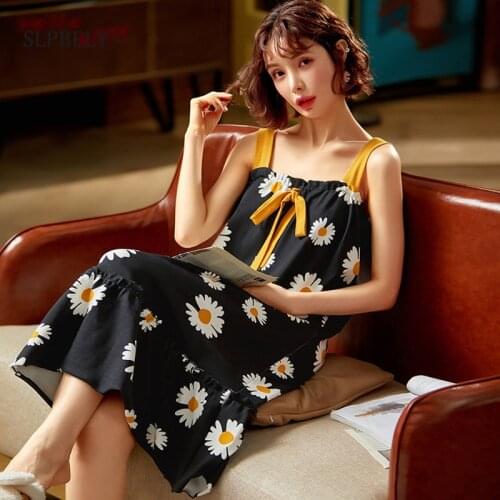 SLPBELY Women Summer Sling Nightdress Nightgown Lovely Daisy Printed Sleeveless Sleepwear Cute Homewear Nightskrit Nightwear New