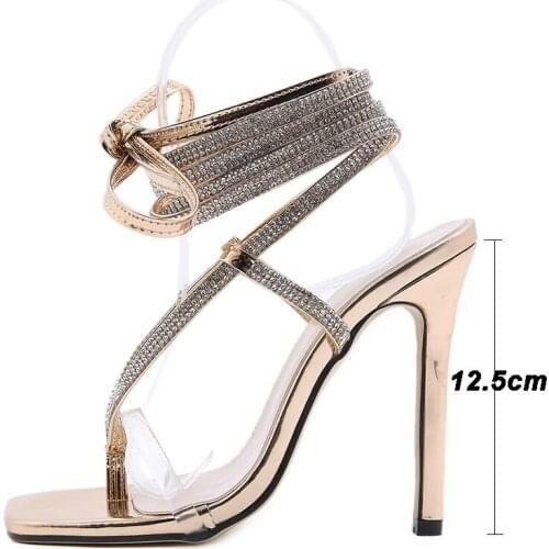 2021 New Fashion Rhinestone Gladiator Knee High Sandals Women High Heels Sexy Shoes Blue Lace Up Cross Strappy Thong Sandals New