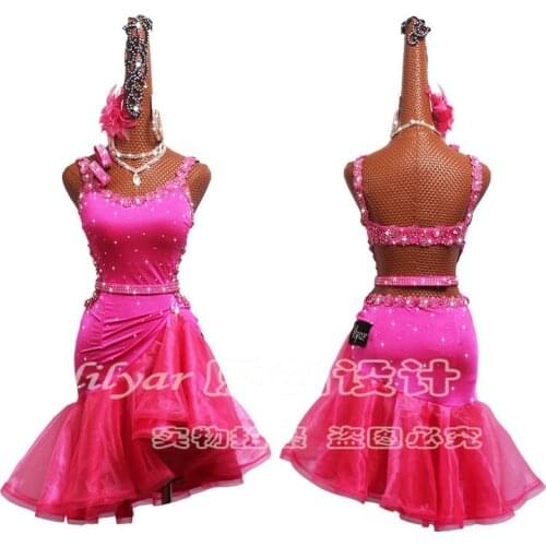 New Latin Dance Dress Latin Skirt Competition Dress Costumes Performing Dress Sparkly Rhinestone Pink Embroidered Fishbone skirt