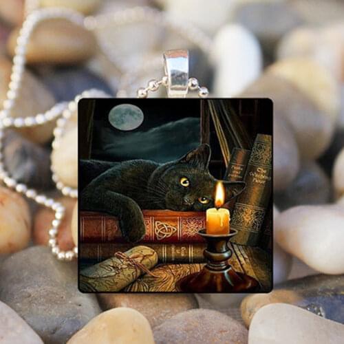 NEW Black Cat with Moon Photo Tile Pendant Necklace for Women Men Gifts Glass Cabochon Necklaces Gothic Fashion Accessories