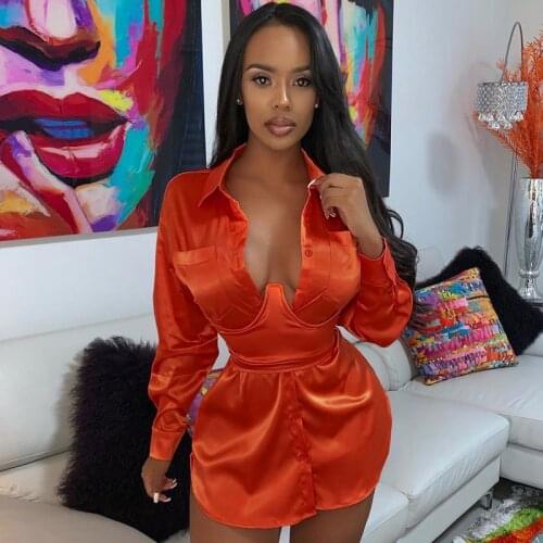 Autumn Fashion Women Solid Shirts Dress Office Women Long Sleeve Deep V Sexy Mini Beach Dress Elegant Sexy Party Dress