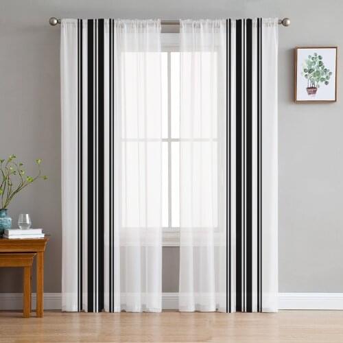Farmhouse Stripes Black And White Tulle Curtain Voile Transparent Tulle for Bedroom Living Room Kitchen Sheer Window Curtains