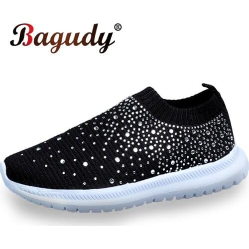 Women Sneakers Summer Plus Size Breathable Knitted Women Casual Rhinestone Running Shoes Vulcanized Shoes Sexy Flat Dance Shoes