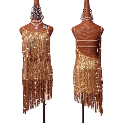Women New Shining Gold Sequins New Style Sexy Latin Dance Costume Spandex Tassel Latin Dance Dress For Competition Latin Dance
