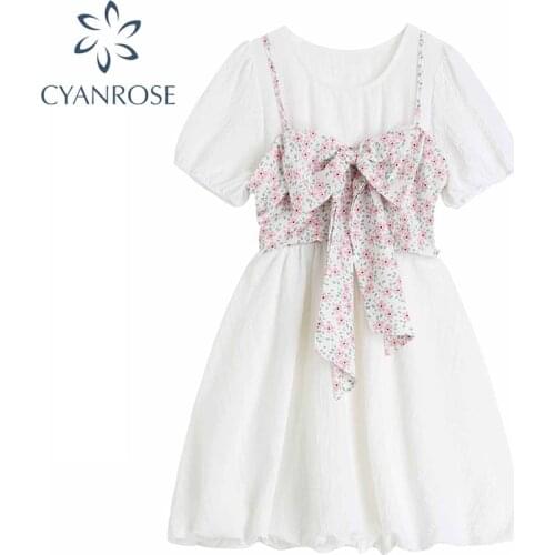 2021 Summer Vintage Casual Womens Mini Sweet Dress Bow Elegant Floral Print Puff Sleeve High Waist Loose Linen Dress Female
