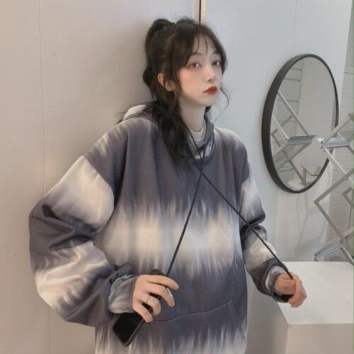 Winter Women Hoodie Sweatshirt Mid-length Waves To dye Hair Thickening Hooded Lleece Jacket Harajuku Vintage High Street Tie-dye