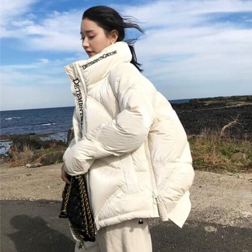 FNOCE 2020 Winter new womens down Jacket fashion young casual Embroidered Letters Stand Collar Thickened irregular parkas coat